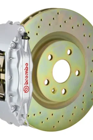 Affordable Brembo 82-89 6-Series Front GT BBK 4 Piston Cast 2pc 332x32 1pc Rotor Drilled-Silver