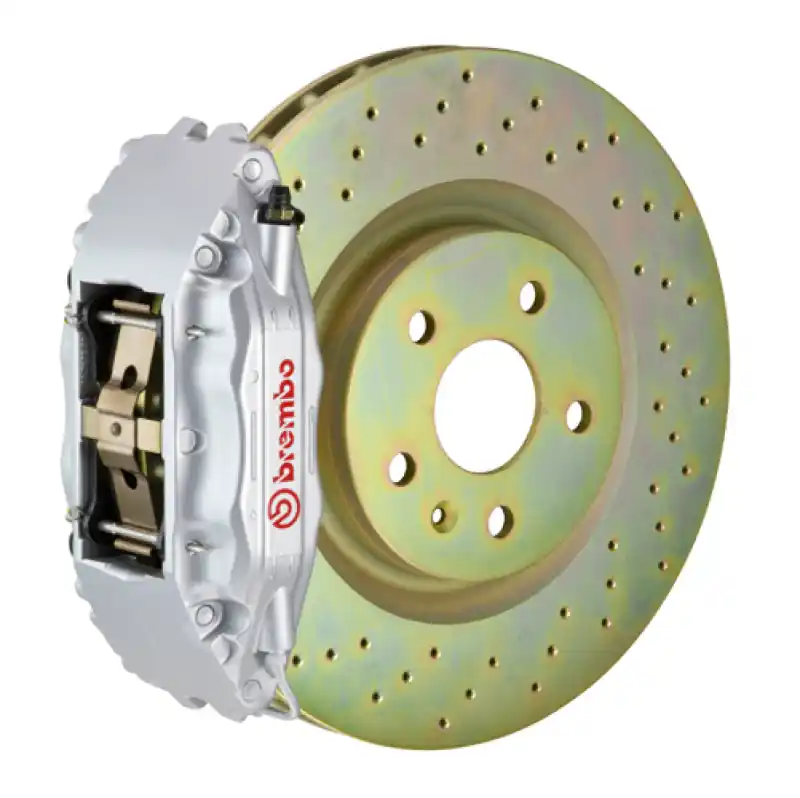 Affordable Brembo 82-89 6-Series Front GT BBK 4 Piston Cast 2pc 332x32 1pc Rotor Drilled-Silver