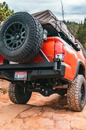 Authentic 3rd Gen Tacoma Dual Swing Arm Rear Bumper Tire Carrier Powdercoat Black16-Pres Toyota Tacoma CBI Offroad